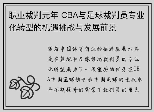 职业裁判元年 CBA与足球裁判员专业化转型的机遇挑战与发展前景