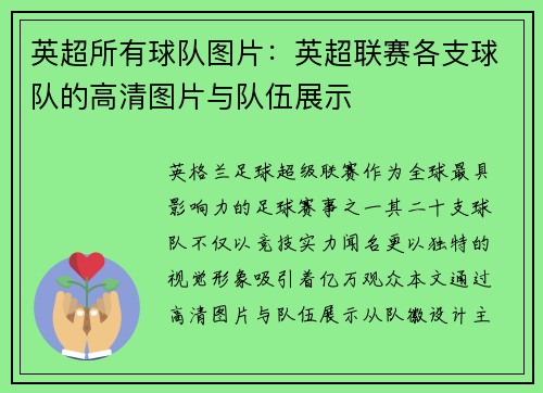 英超所有球队图片：英超联赛各支球队的高清图片与队伍展示